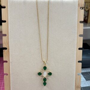 Elegant Gold Plated over Stainless Steel, Green Pendant Necklace